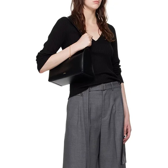 Knitwear Manufacturer Custom Spring Autumn black V Neck Long Sleeve Ribbed Knit Women Pullover Sweater