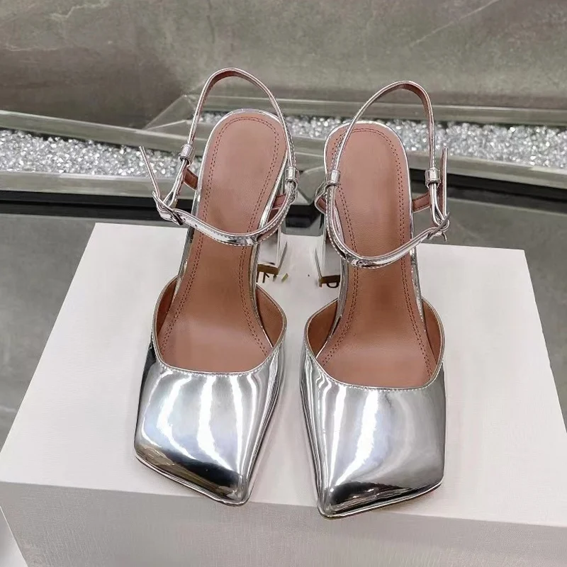 Large Size 45 Women Square Toe Rhinestone Mary Jane Sandals Candy Colors Banquet Party Chunky High Heels Wide Fit Satin Shoes