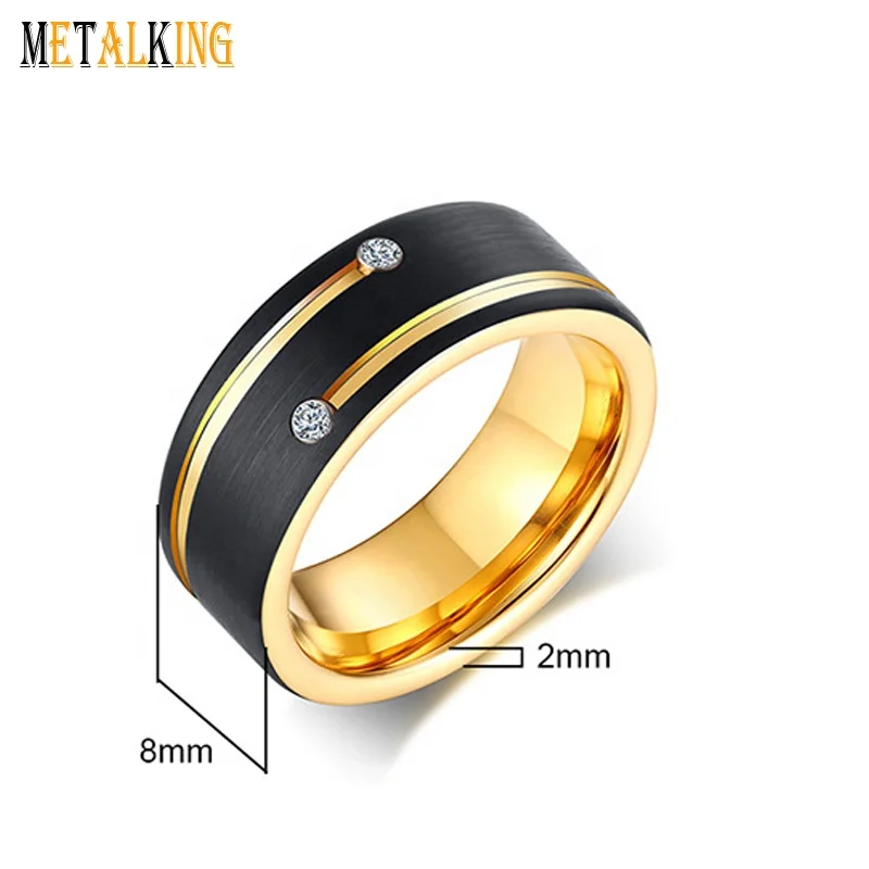Duo Tone Tungsten Gemstone Rings 8mm Gold And Black Plated Wedding Band Cubic Zirconia Inlay