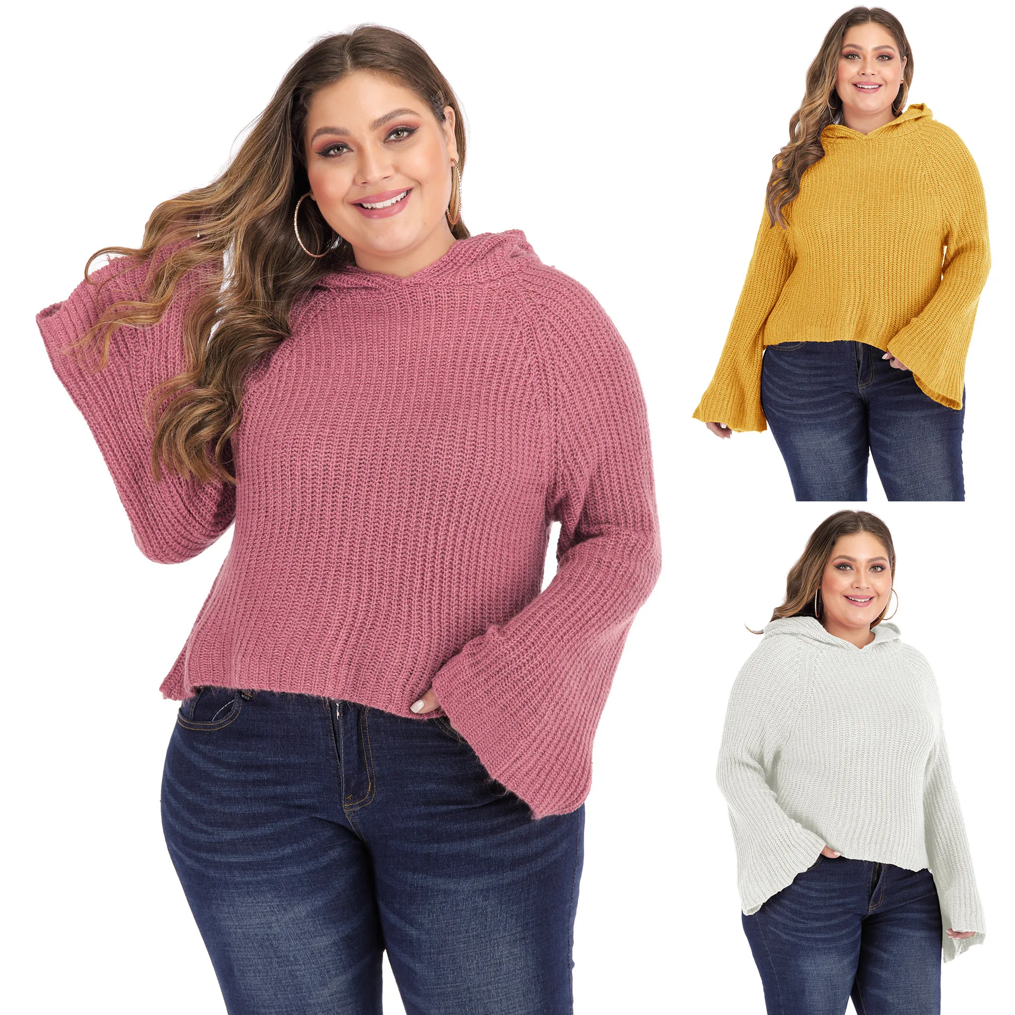 Plus Size Women Flare Sleeve Hooded Ladies Knit Pullover Sweater for Fat Women