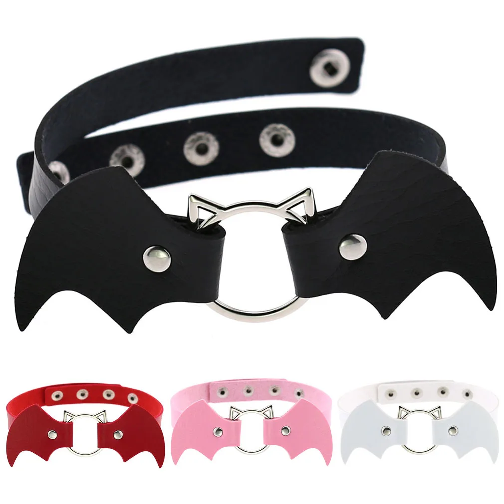 Wholesale Punk Demon Wings Black Leather Choker Necklace Gothic PU Leather Cute Cat Head Ring Choker