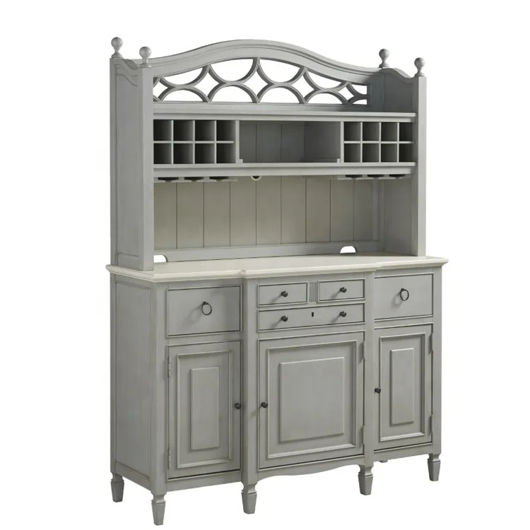 American Rural French Style Living Room Solid Wood Storage Cabinet French Gray Buffet with Hutch