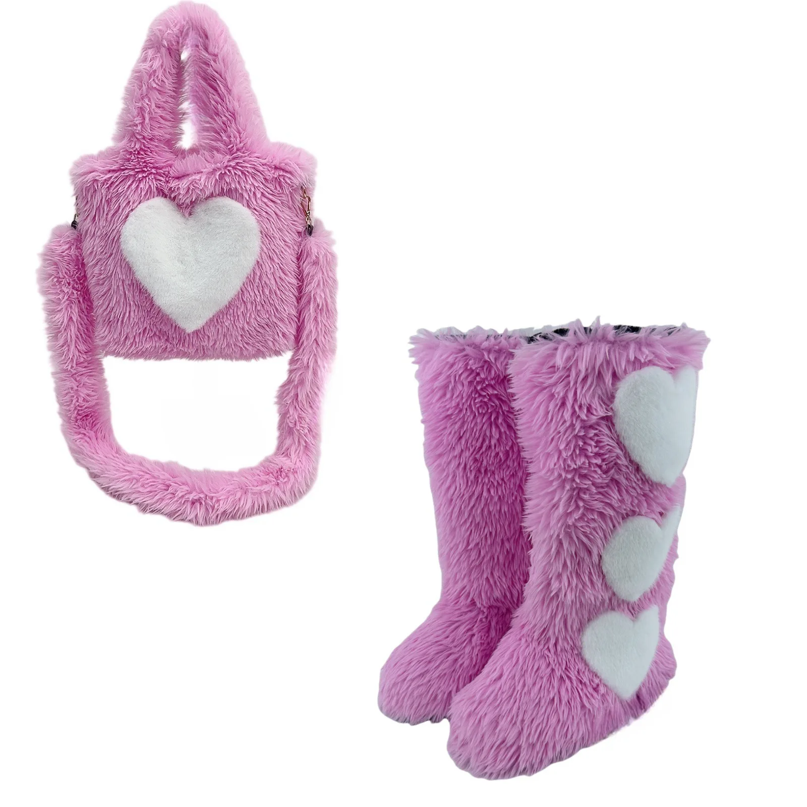 BUSY GIRL HS4767 fur bags and boots set flats fluffy knee high boots women winter pink faux fur boots ladies shoe and bag set