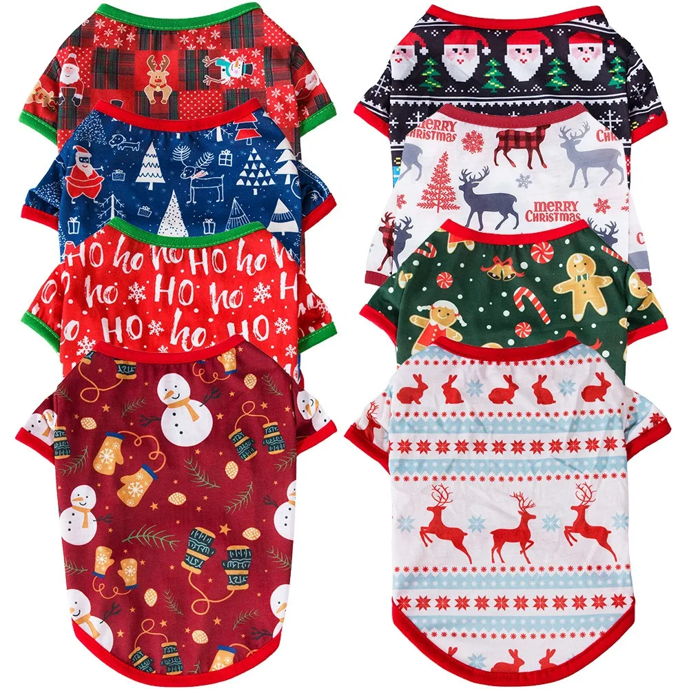 Wholesale Christmas Santa Pattern Red Dog Costumes Clothes Elk Snowman Xmas Dog T Shirt Winter Dog Sweater
