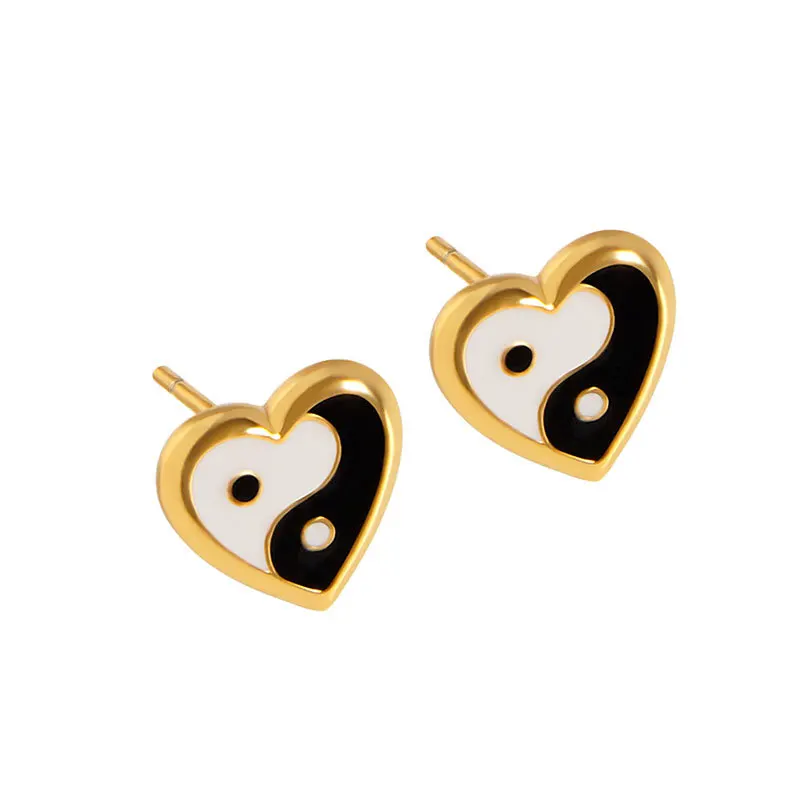 Exquisite Gold Plated Sterling Silver Heart Stud Earrings S925 Silver Drop Oil Tai Chi Heart Earring For Party