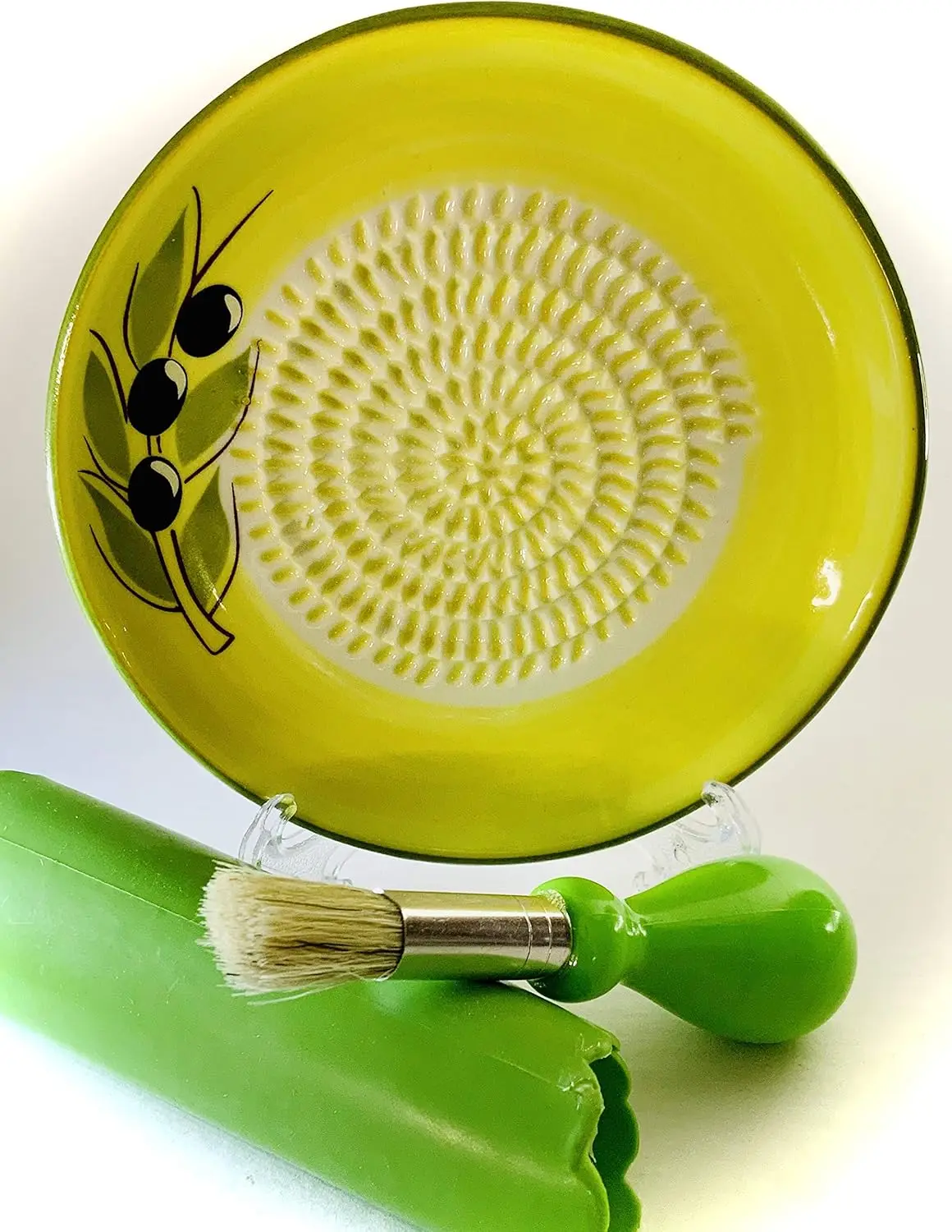 Ceramic Garlic Grater Hand Made, Olive Design Grater Plate with Garlic Peeler