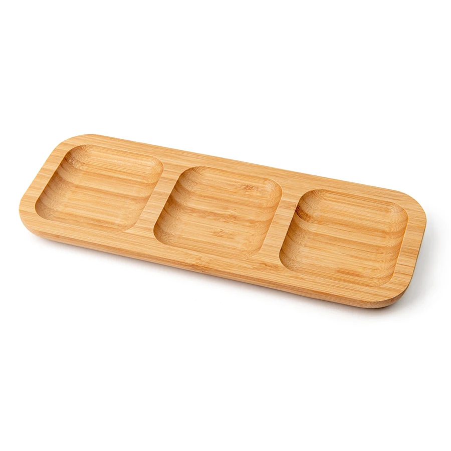Hot Selling 3 Grids Natural Bamboo Dry Fruit Serving Plate Divider Multi-functional Tray for Nuts Appetizer Snack