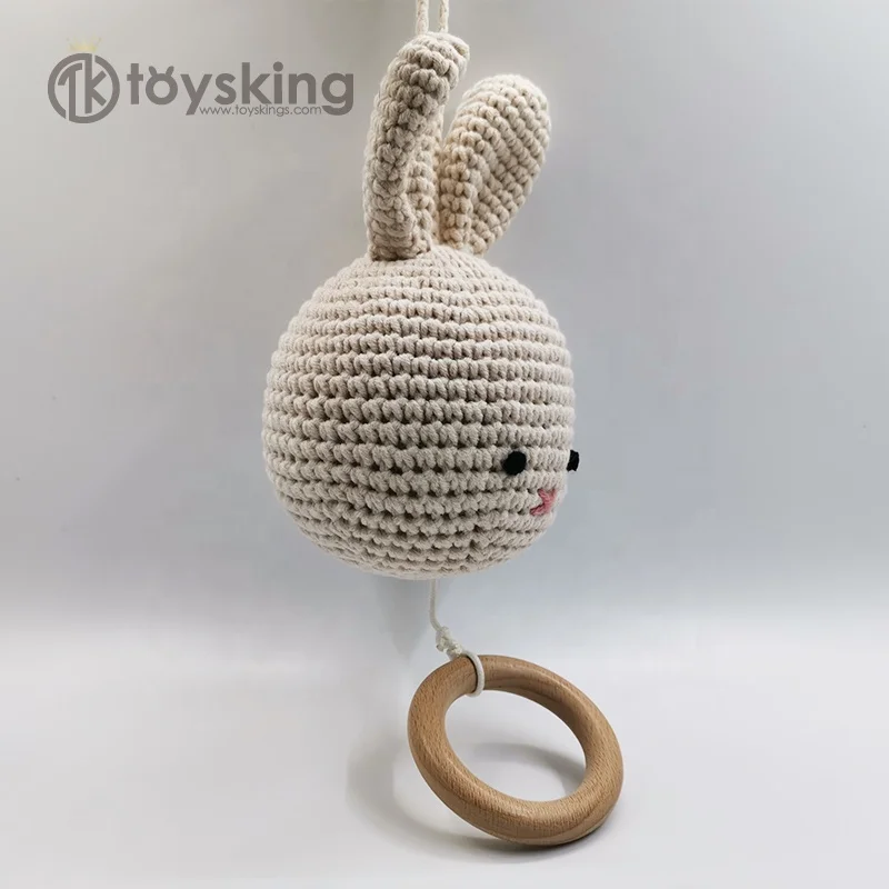 TK Handmade Crochet Bunny Rabbit Soft Stuffed Baby toys with Pull Cord Music Box for Baby Crib