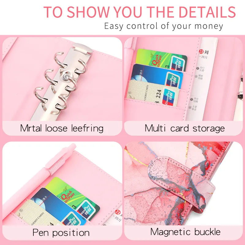 Factory fast delivery A6 Marble 6 Ring Binder Binding Leather Cash Money Budget Binder Planner refillable binder notebook