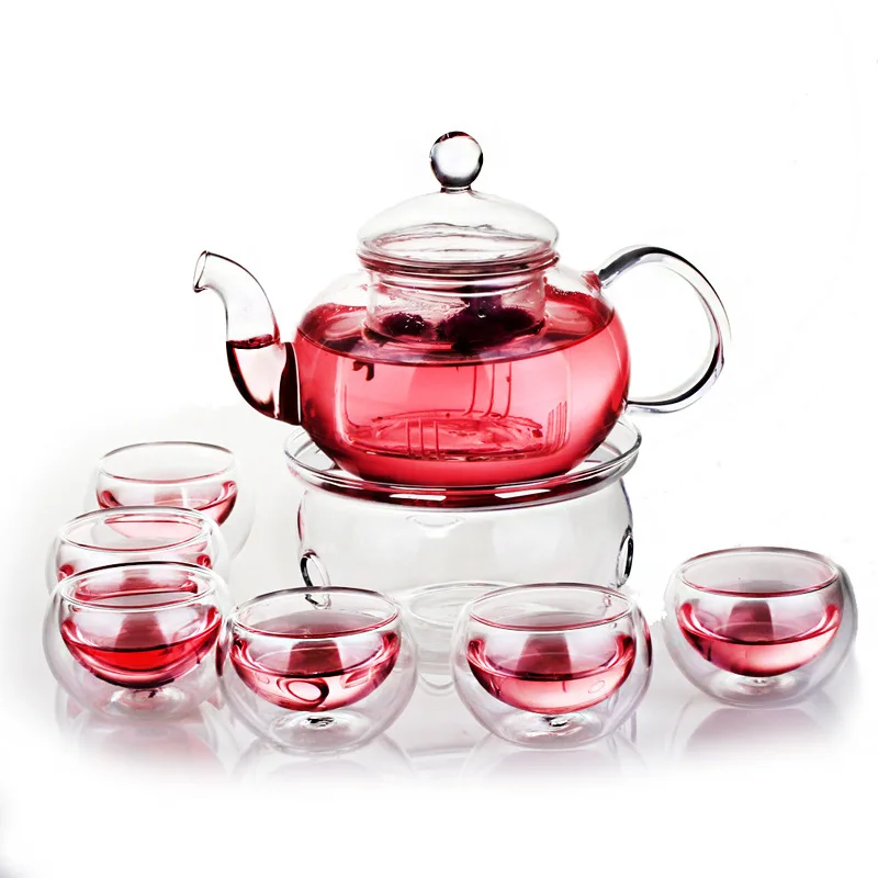 600ml glass flower tea set tea pot with glass filter cups warmer heating base and tray