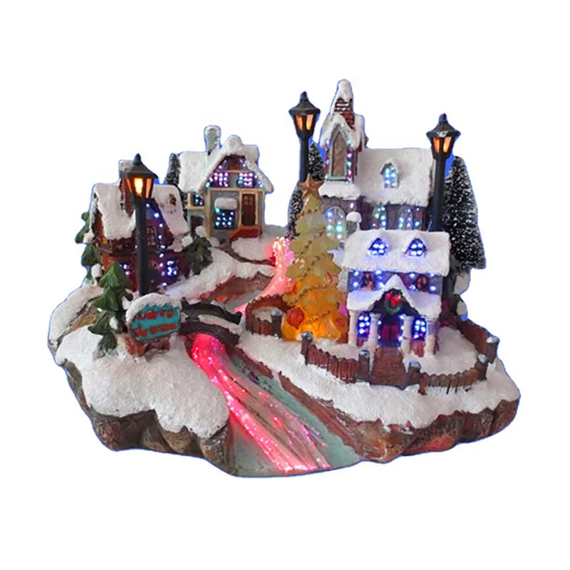 European Creative LED Light Resin Snow Christmas Village House Figurines Model Artificial Scene House Sculpture Decorations
