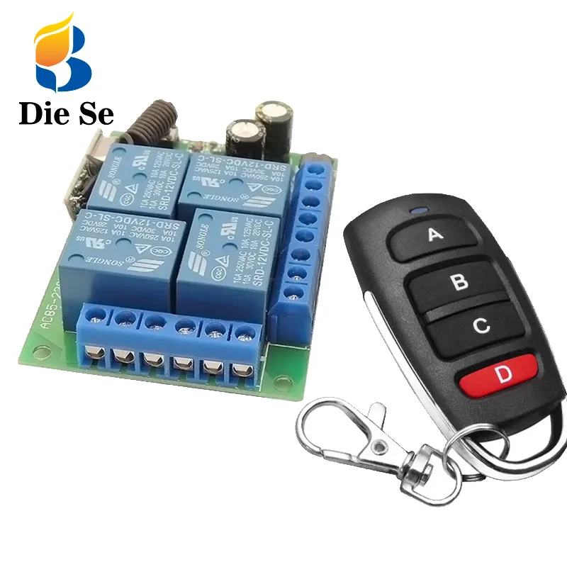 433Mhz Remote Control Receiver RF Wireless Switch AC 110V 220V 10A Controller 4Ch Relay Module and Transmitter,for Gate Door LED