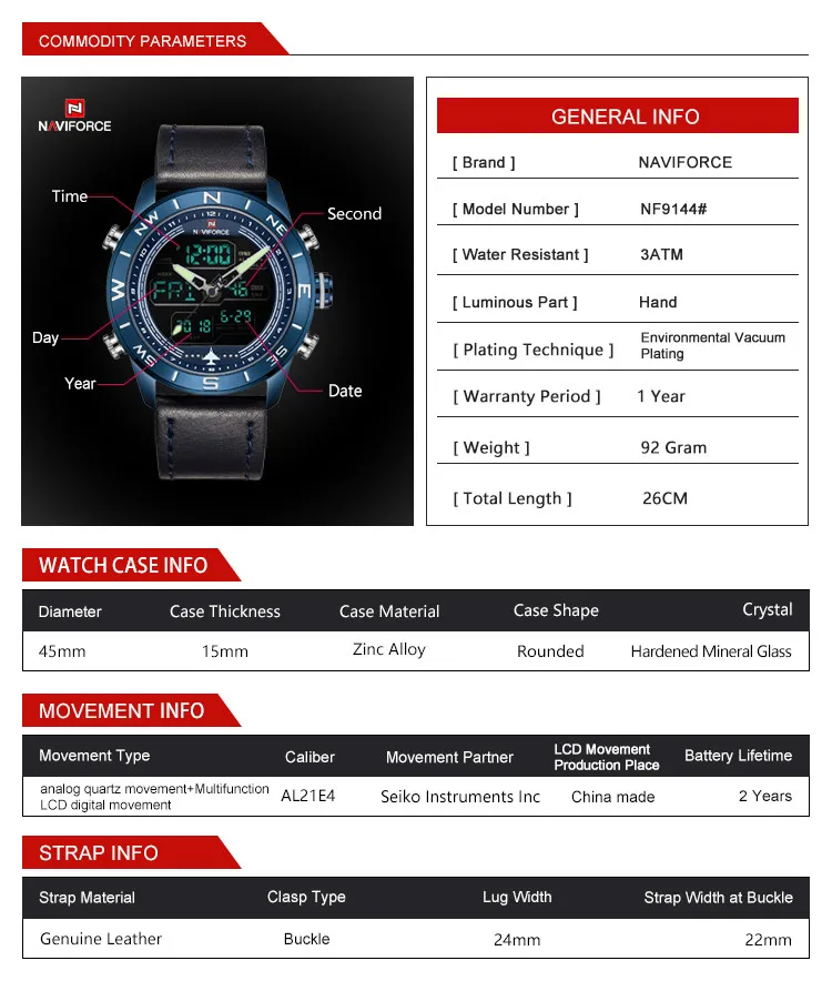 NAVIFORCE 9144 Bebe Casual Creativity Sport Watches LED Digital & Quartz Men 2019 Alloy Genuine Leather Round Buckle 44mm