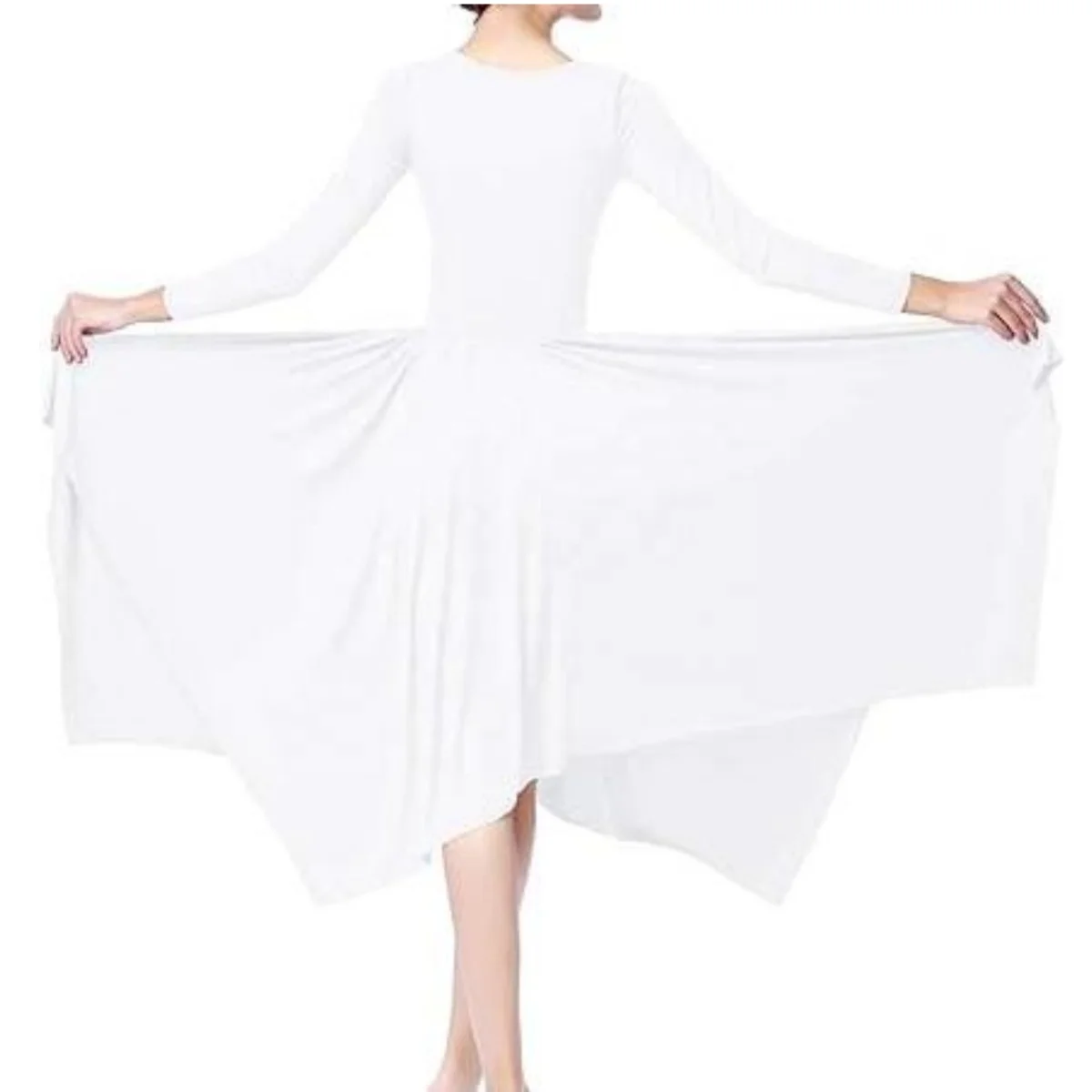 Women Long Sleeve Praise Dance Dress Irregular Pleated Swing Skirt Latin Ballroom Dance Dress Lyrical Dancewear
