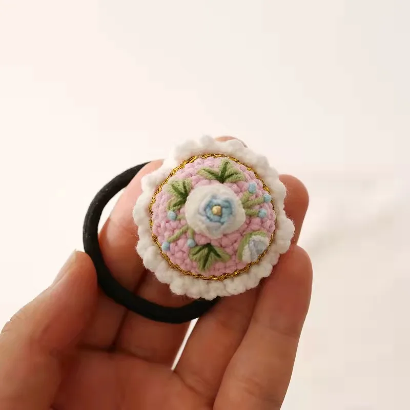 Cute handmade crochet knitted woolen yarn embroidery rose flower elastic hair band hair ties ropes ring for girls