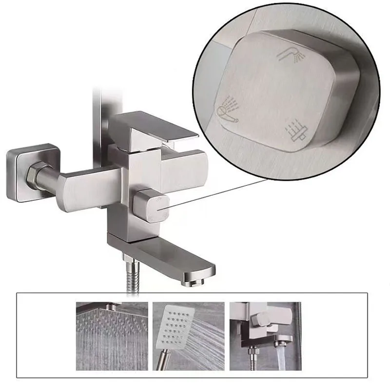 Stainless Steel Wall-Mounted Single Handle Bathroom Faucet With Square Nozzle Portable Shower Rod Bathroom Shower Faucet Set