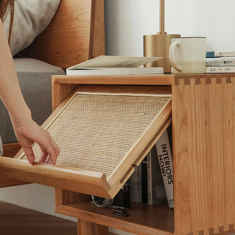 Kainice solid OAK wood bedroom furniture rattan single door storage bedside table side cabinet with wooden feet