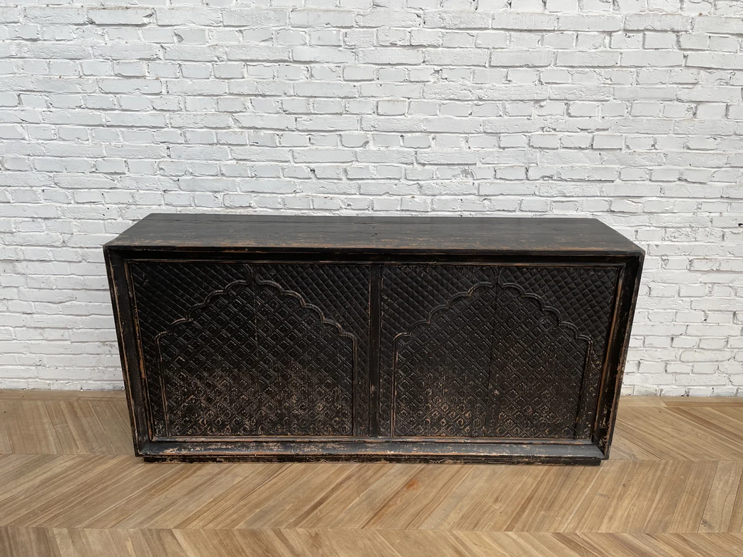 Chinese Antique Handcrafted Wooden Sideboard Rustic Carving White Wash Buffet Living Room Distressed Shabby Chic Cabinet