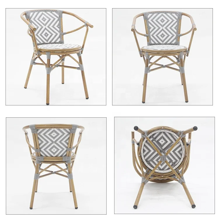 Modern Outdoor Furniture French Bistro Rattan Wicker Stackable Metal Chair Cafe Garden Patio Terrace Chair And Table Dining Set