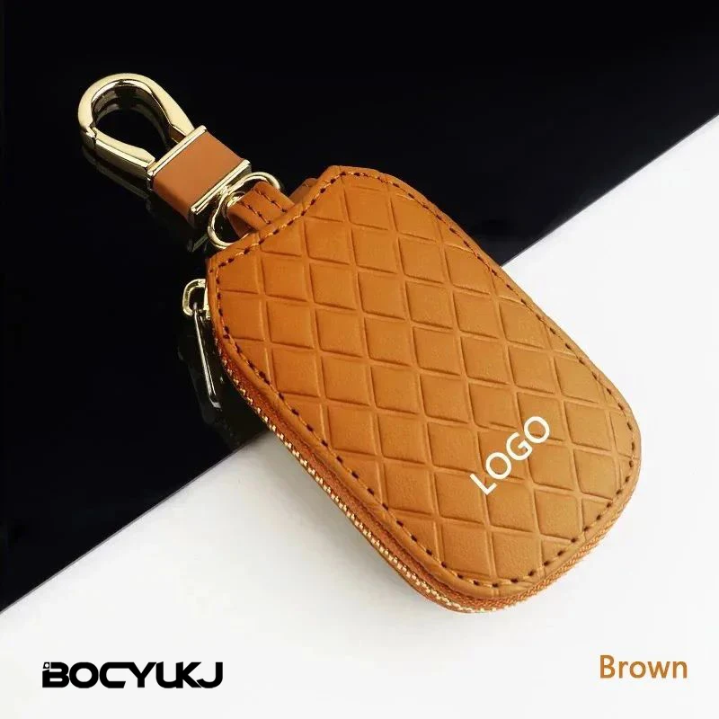 Leather Car Key Case Universal Keychain With Metal Logo For BMW Mercedes Audi VW MINI AMG TRD M Key Cover Protector Accessories