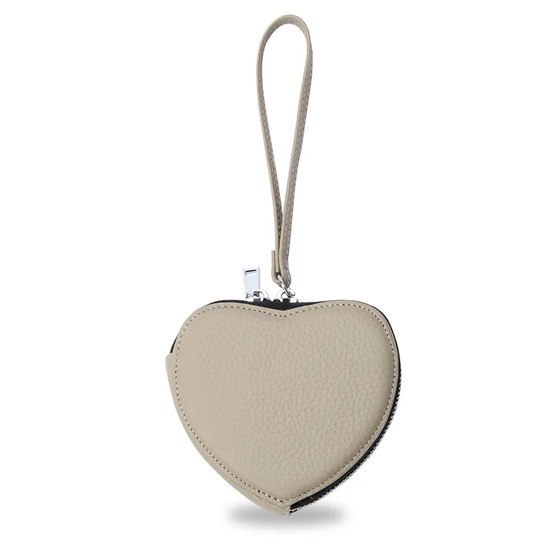 Genuine Leather Coin Purse for Women New Heart Design Zippered Coin Purse Lipstick Earphone Storage Bags with Wrist Strap