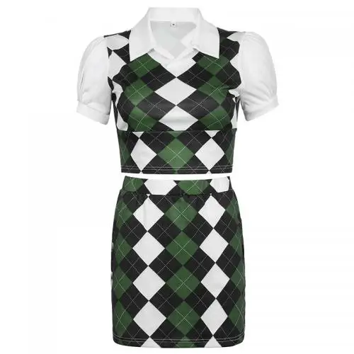 fashionable clothes women Slim Two Piece Dress Set plaid green fake two piece