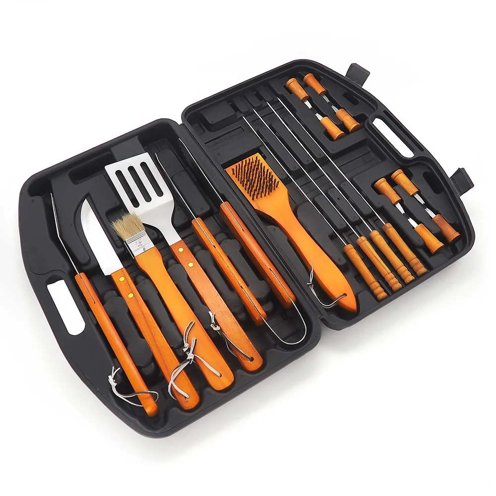 Portable 19PCS BBQ Grill Accessories Tools Set Barbecue With Wooden Handle And Suitcase