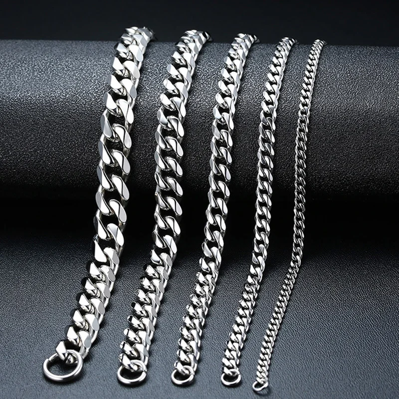 Mens Simple 3-11mm Stainless Steel Curb Cuban Link Chain Bracelets for Women Unisex Wrist Jewelry Gifts