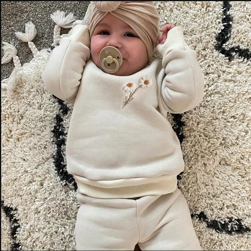 2Pcs Spring Winter Baby Girl Boy Clothes Set Embroidery Thicken Fleece Warm Sweatshirt Pant Boy Tracksuit Toddler Clothes Outfit