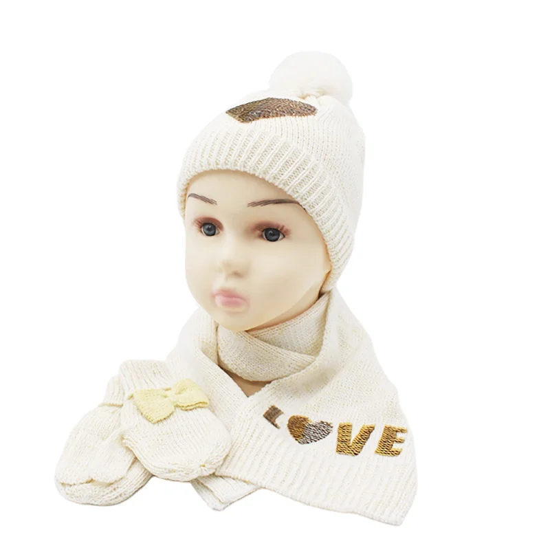 Мягкая теплая вязаная детская шапка бежевый шарф комплект перчаток и теплый тепловой комбинированный шапки шарфа зимний для девочки