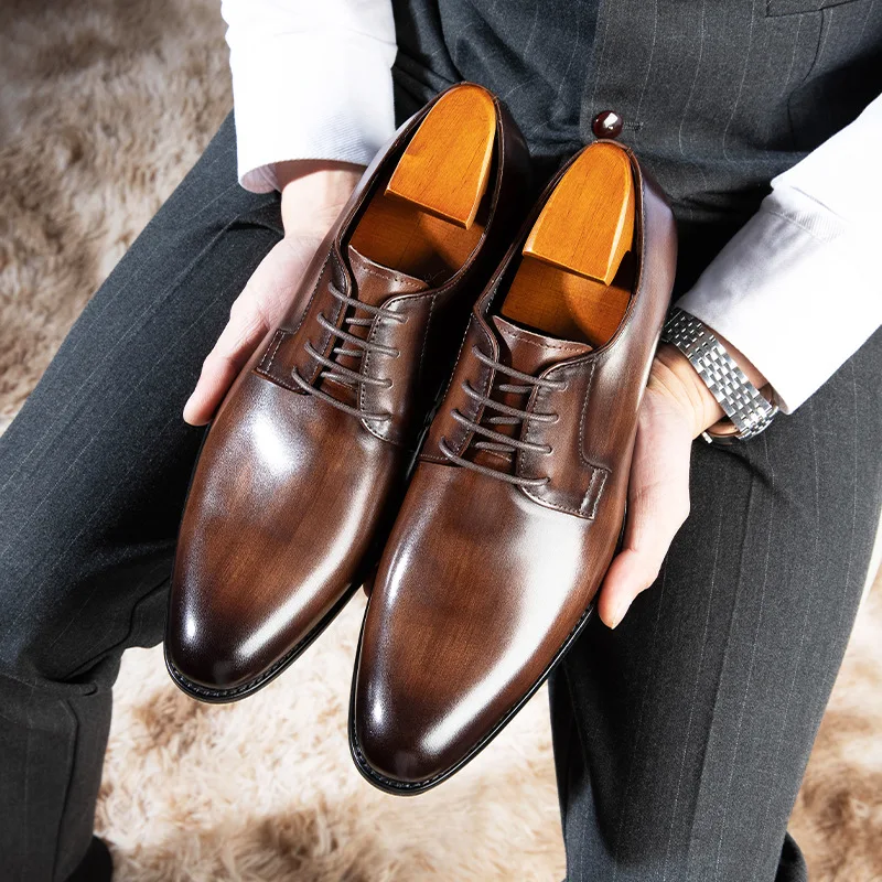 Mens Business Dress Leather Shoes British Leather Grain Pointed Tip Breathable Lace Up High End Handmade Casual Mens Shoes