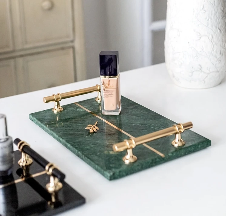 Square Marble Decorative Serving Tray Multifunctional Tray Dryer With Golden Handle