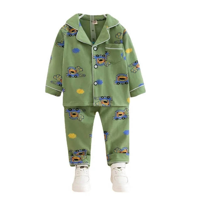 Pure cotton cartoon print new children suit cotton spring and autumn boys long-sleeved trousers buttoned pajamas