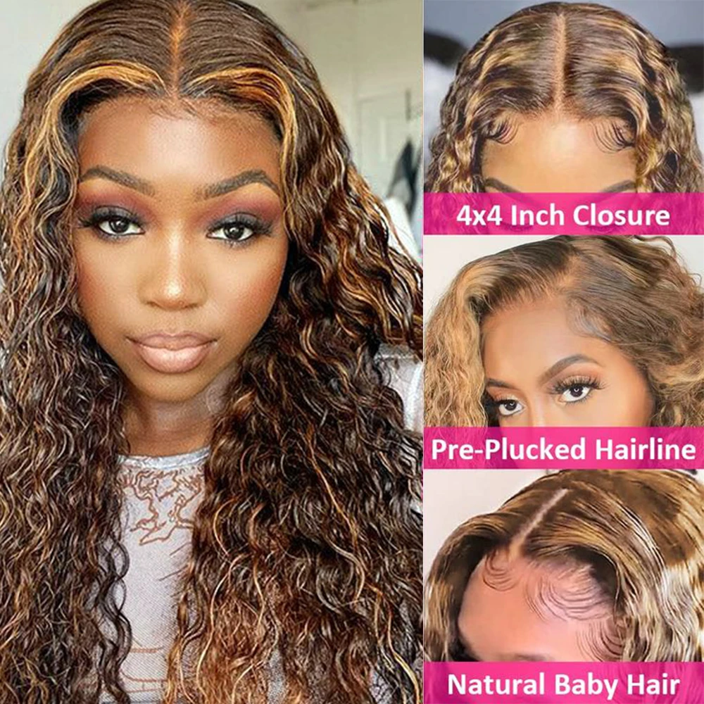 Deep Wave Curly Highlight Blonde Lace Frontal Wig Piano glueless Human Hair Hd transparent Lace Front Highlighted Color  Wig