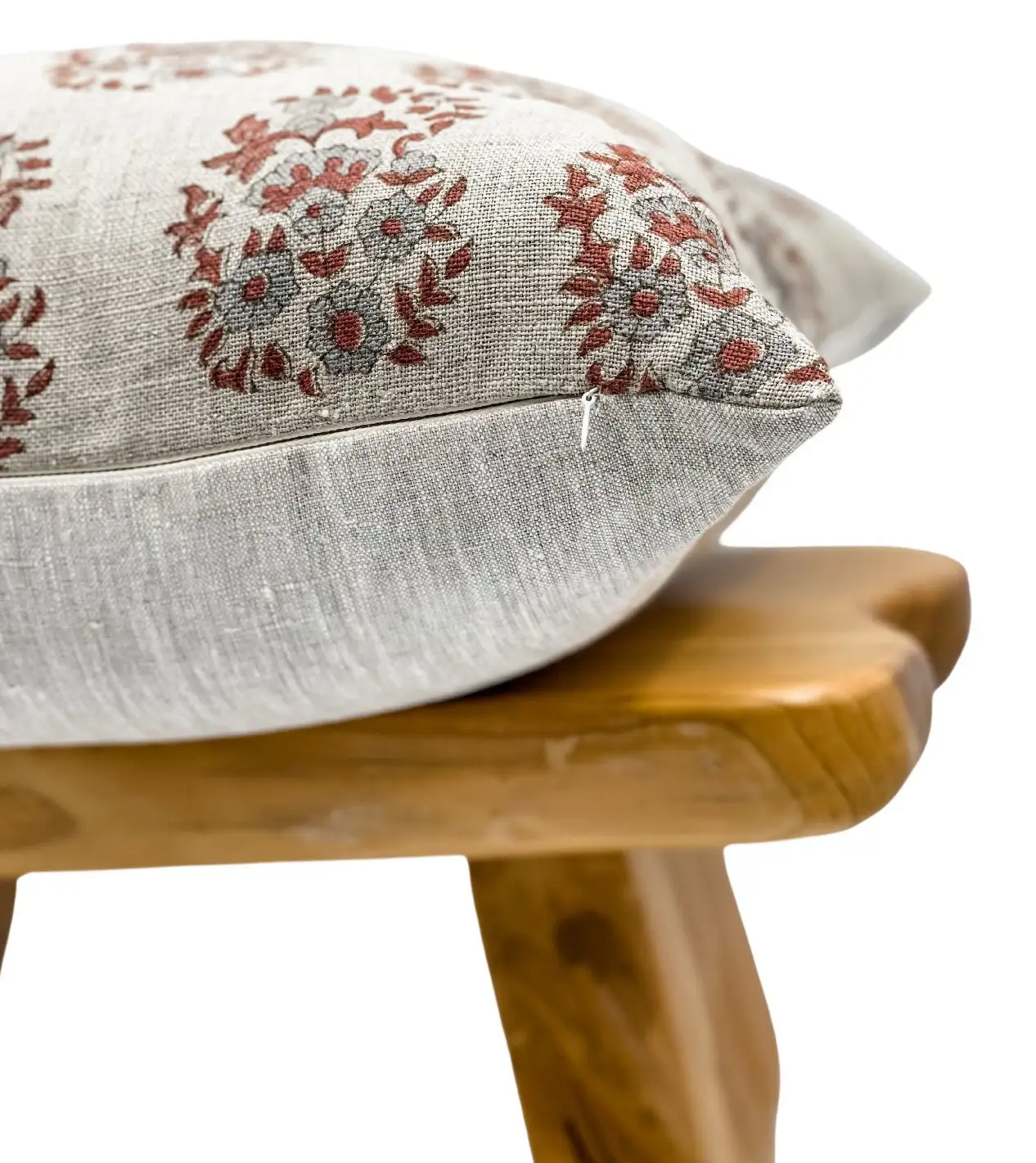 Custom Floral Rust Saffron with Blue Grey on Natural Linen Pillow Cover Manikarnika Block Print 100% Cotton Cushion Covers/