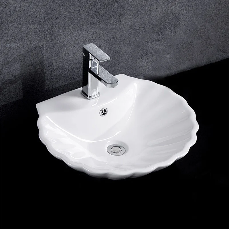 European Single Sink Shell Shape Vessel Sink White Ceramic Counter Top Wash Basin Design