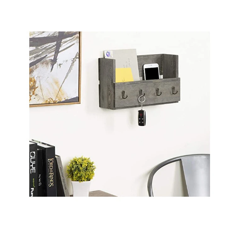 
Rustic gray mounted mail organizer rack with 4 key hooks wholesale magnetic key holder wood 