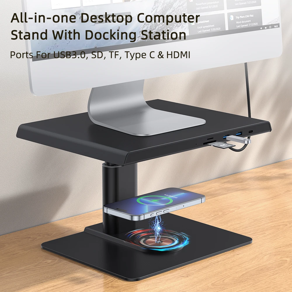Laptop Stand  USB C Hub Multifunction Type C Docking Station with PD+3.5mm+HDMI+RJ46+USB3.0+SD+TF+Wireless Charger