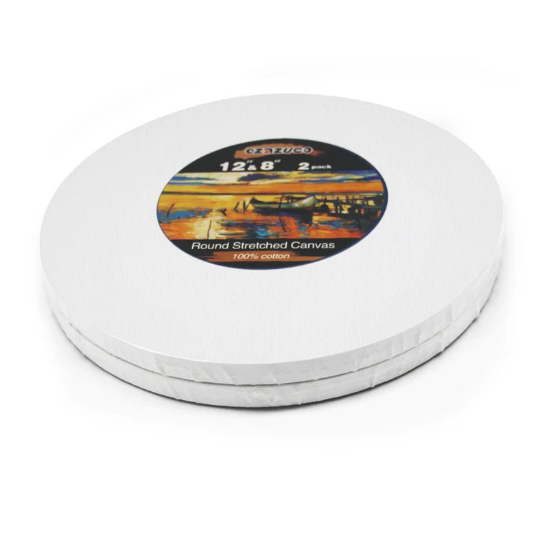 Custom Label Sticker White Blank Cotton Canvas Cover Round Shape Stretcher Bar Stretched Canvas