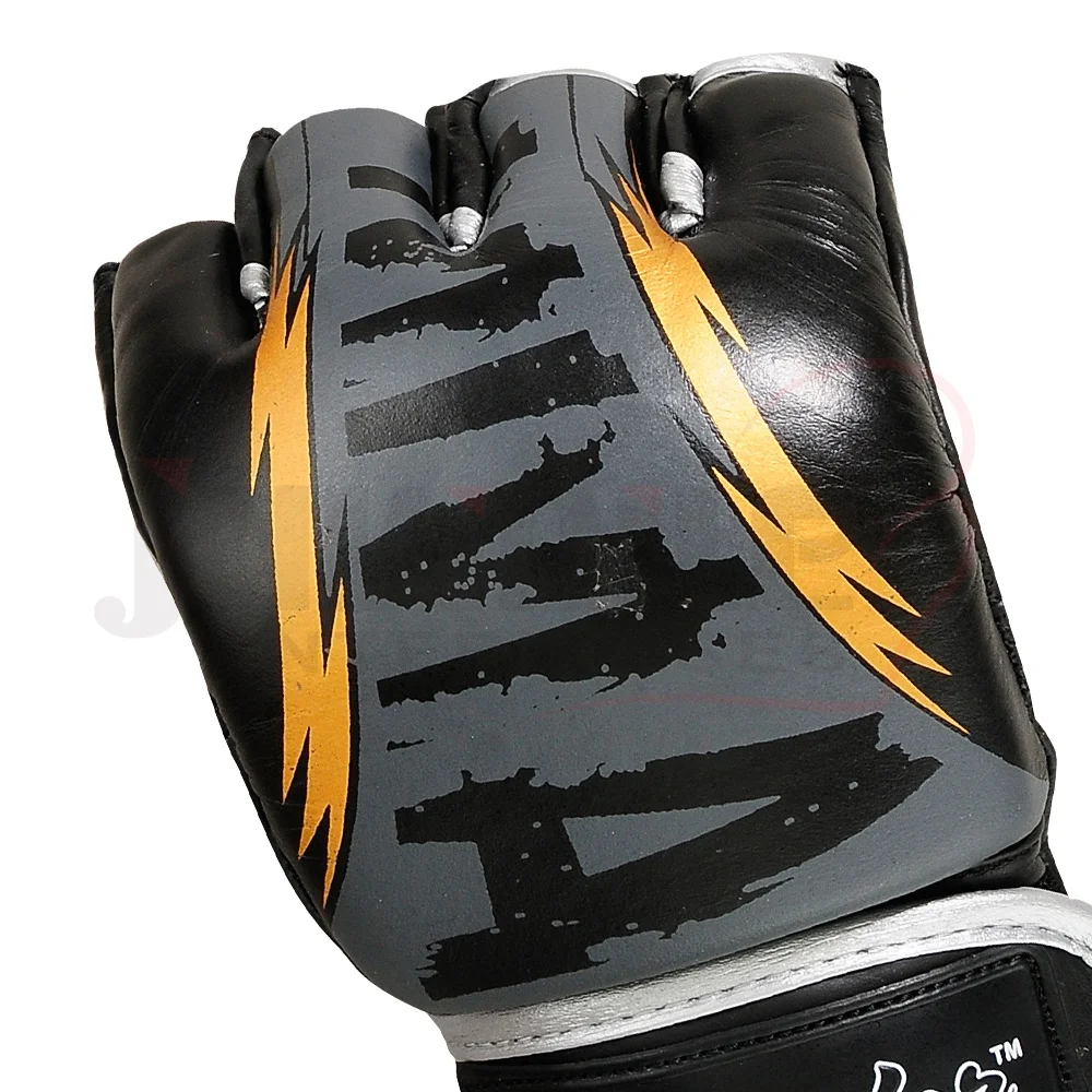 Custom Grey and black Half Finger Full Grappling Pro MMA Gloves leather boxing mma gloves with logo by juvinile enterprises