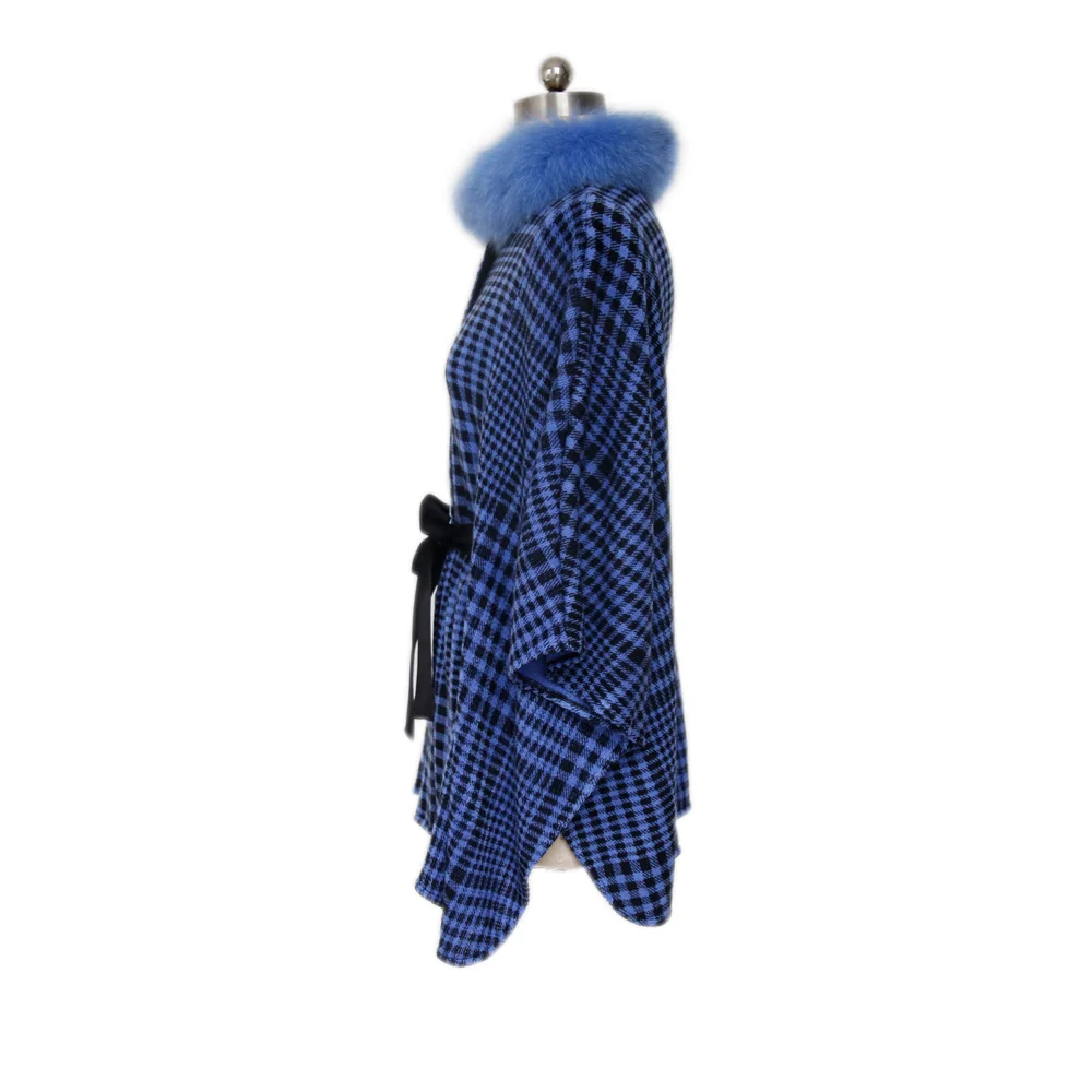 Женское Вязаное пончо 12gg пальто с воротником из натурального Лисьего меха женская накидка отделкой синего