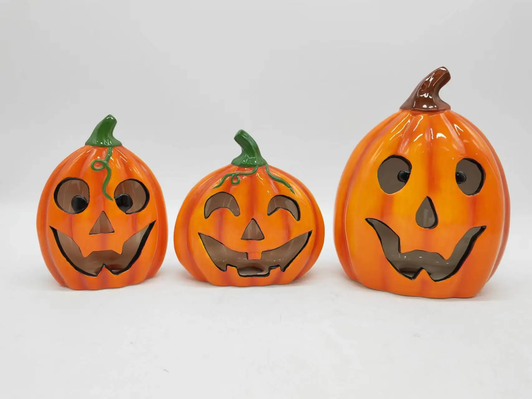 Handmade personalized ceramic pumpkins wholesale light up christmas ornaments halloween pumpkin light with pinstripe LED light
