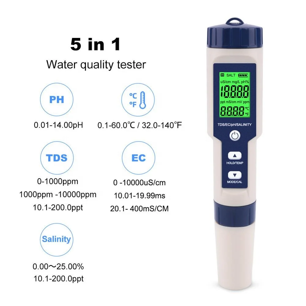 5 In 1 Tds/ec/ph/salinity/temp  Digital Portable Tester Multifunction Waterproof Salinity Meter