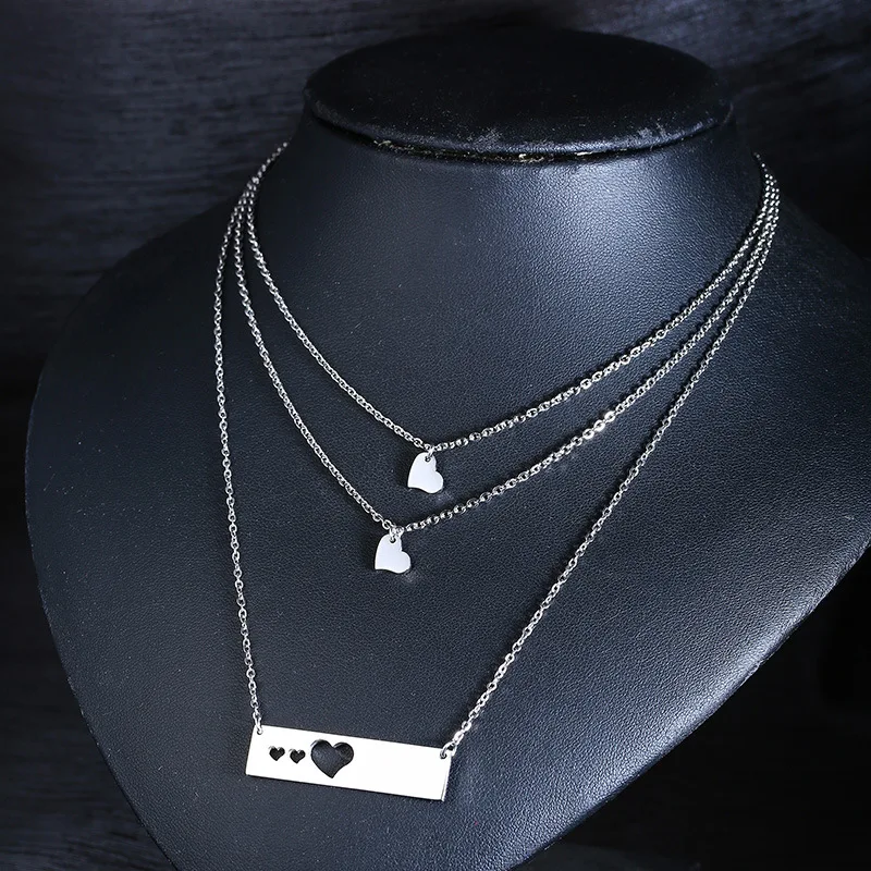Stainless steel long heart-shaped three-layer necklace silver simple Japanese and Korean lady necklace
