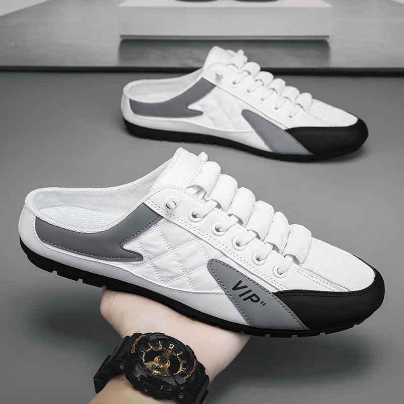 Mens Shoes 2024 Summer New Cloth Shoes Trendy Versatile Casual Lazy One Step Half Dragboard Leather Face Running Shoes Men