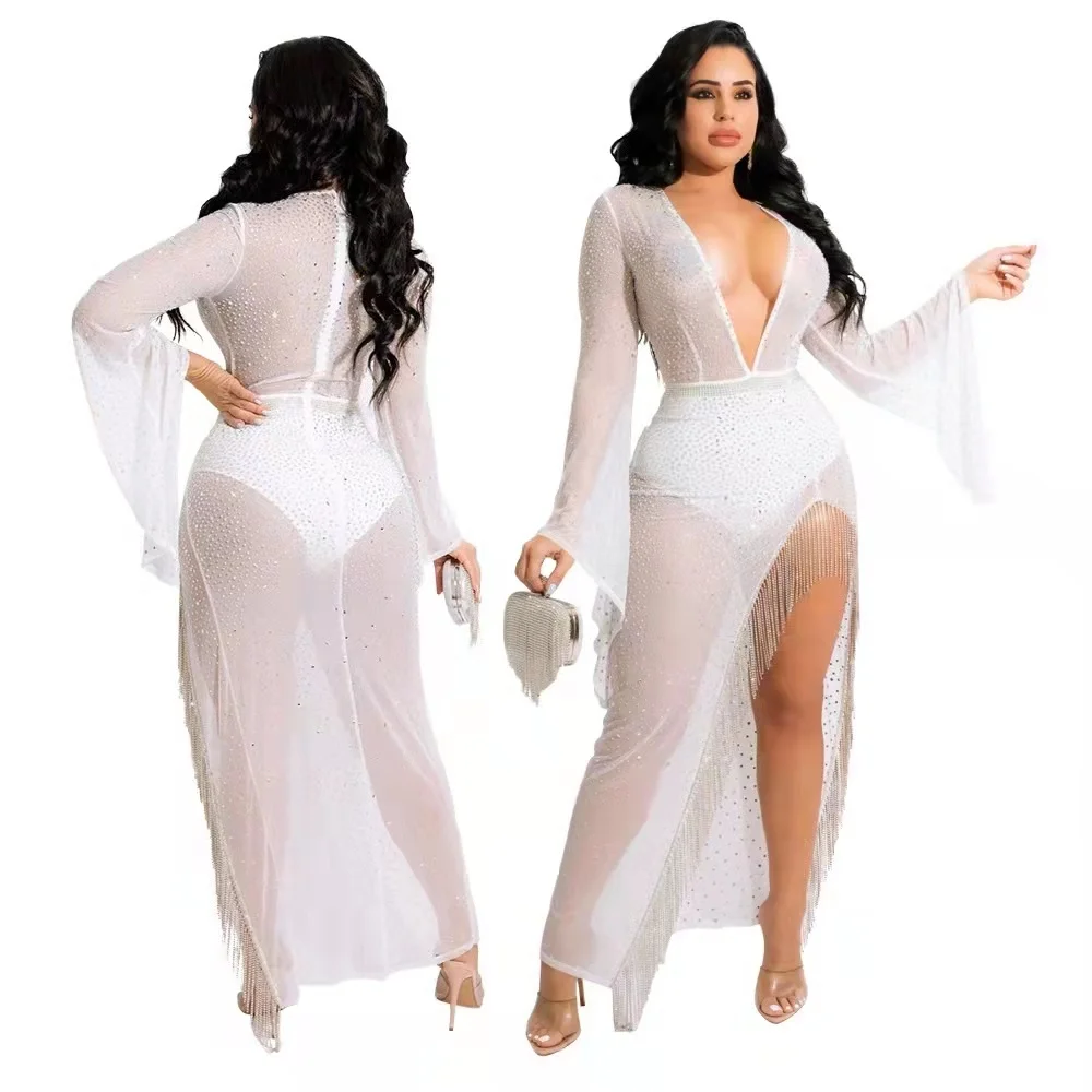 2022 Women Party Dress Perspective Deep v-Neck Skirt Drilling Sexy Rhinestone Fringe Slit Tassel Evening Dress 3XL