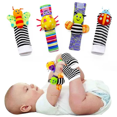 Cotton Animal Baby Infant Wrists Rattle and Socks Foot Finders Set Developmental Baby Squeaky Toy Baby Rattle