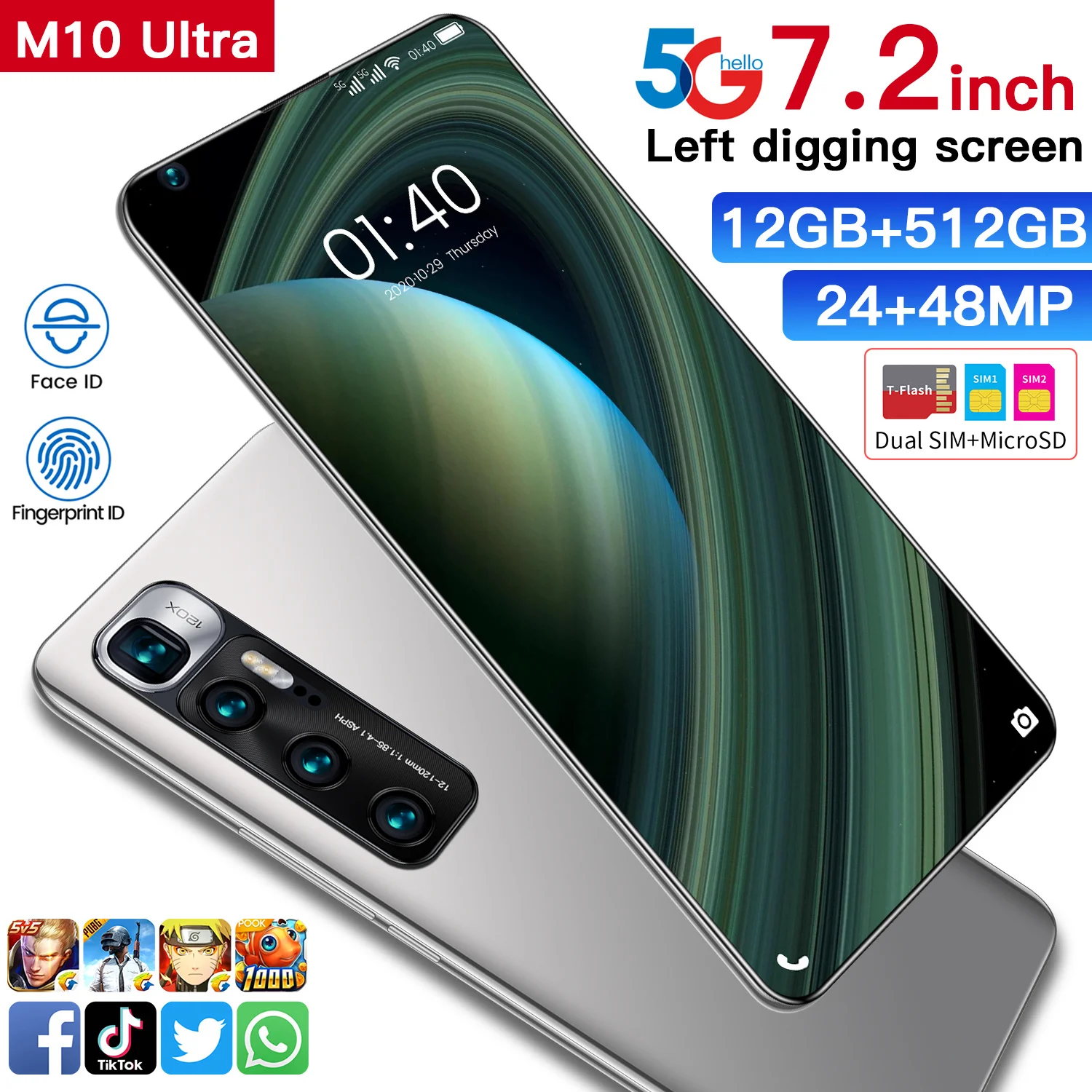 Hot Sale M10 UItra Mobile Phones Octa Core 12GB + 512GB Large Memory Dual SIM Cellphones Gaming Android Smartphones