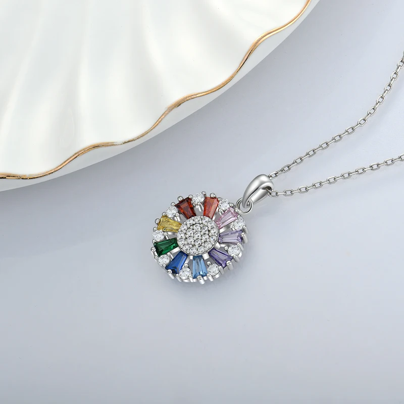 Wholesale Customized Sterling Silver 925 Colour CZ SunFlower Pendant Necklace Fine Jewelry For Women Gift