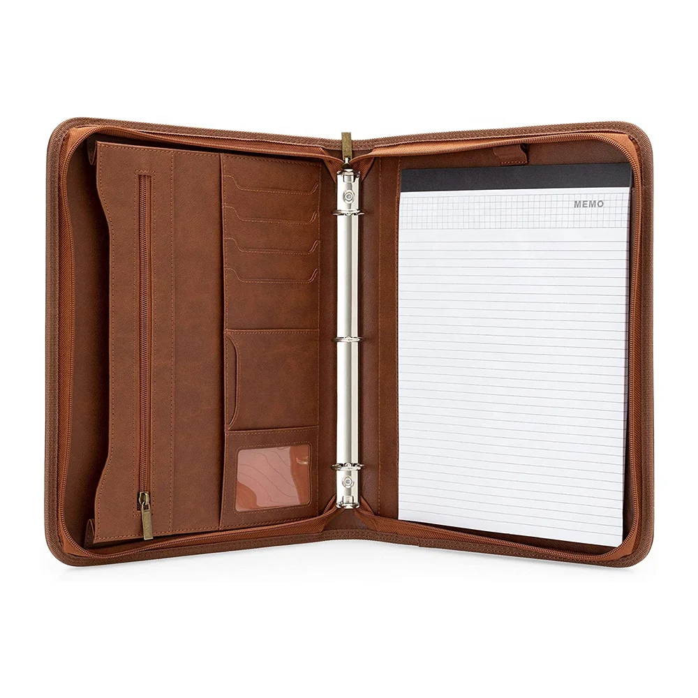 Custom leather portfolio folder notebook leather cover travel A4 document holder with ring binder